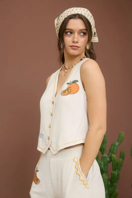 SWEET FRUIT EMBROIDERY BUTTON DOWN LINEN VEST TOP made by Blu Pepper
