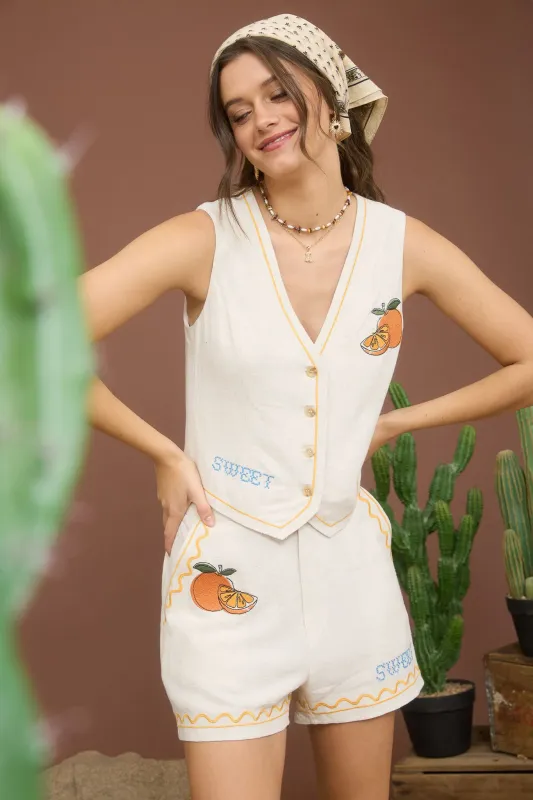 SWEET FRUIT EMBROIDERY LINEN SHORTS sold by Blu Pepper