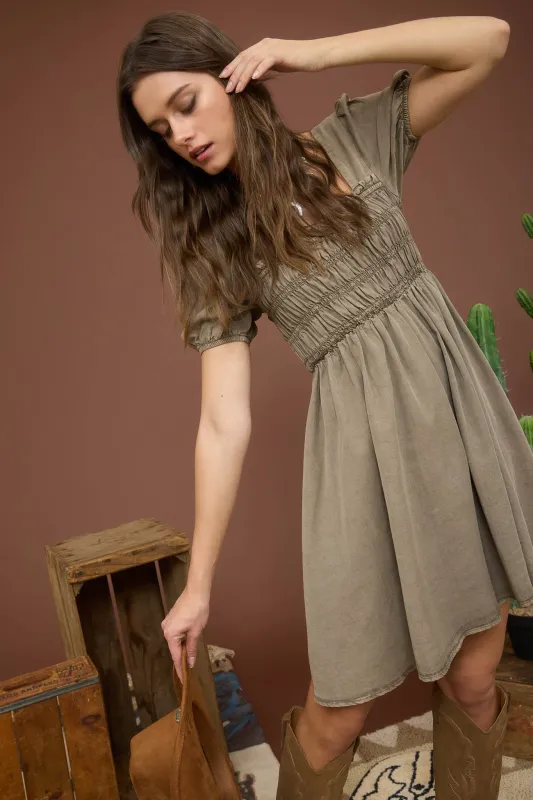 WASHED SMOCKED SHORT PUFF SLEEVE MINI DRESS sold by Blu Pepper