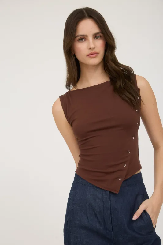 ASYMMETRICAL SNAP BUTTON DETAIL SLEEVELESS KNIT TOP (PRE-ORDER) sold by Blu Pepper