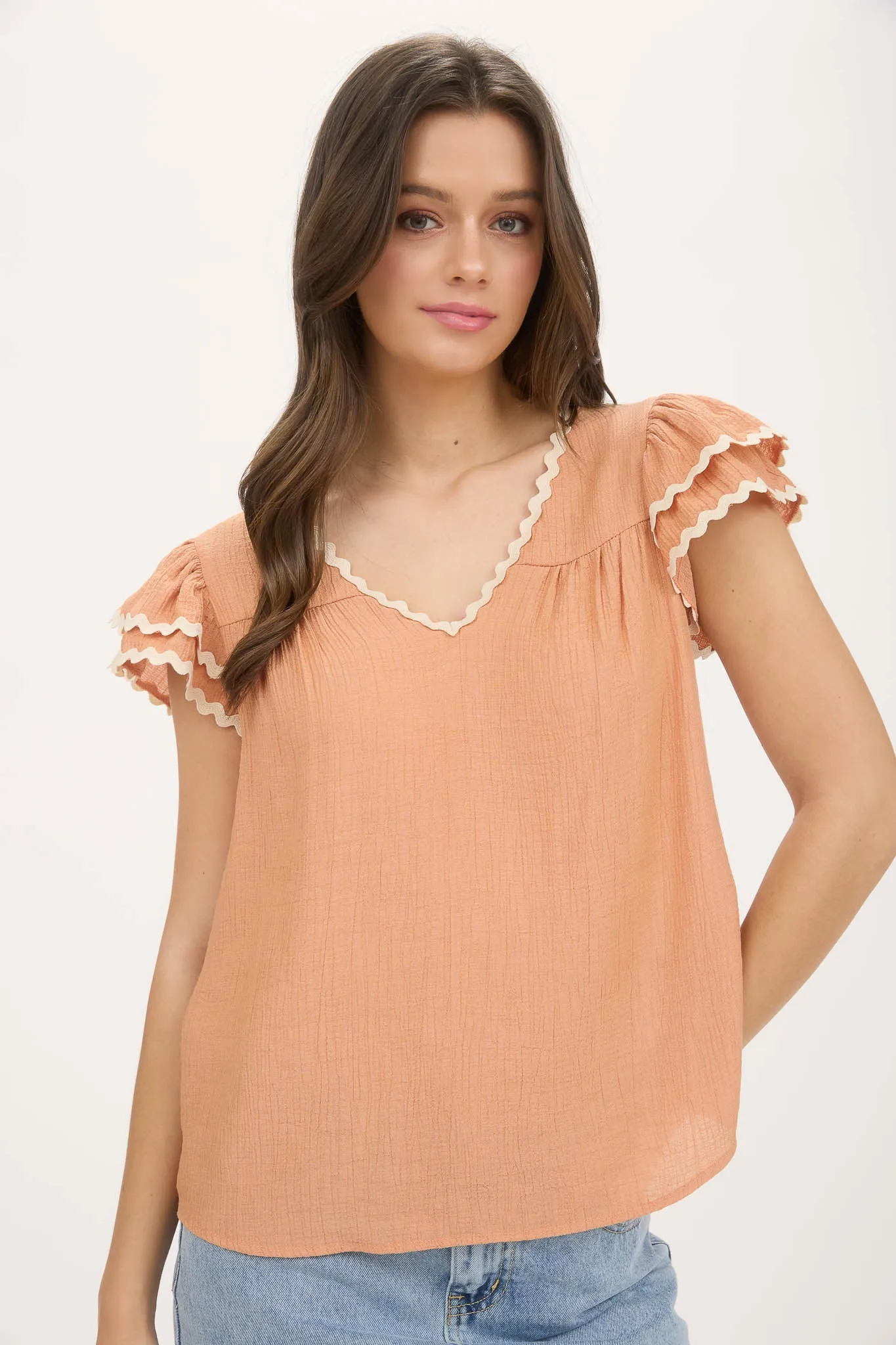 V NECK WAVY TRIM RUFFLE SLEEVE TOP sold by Blu Pepper product image thumbnail 5