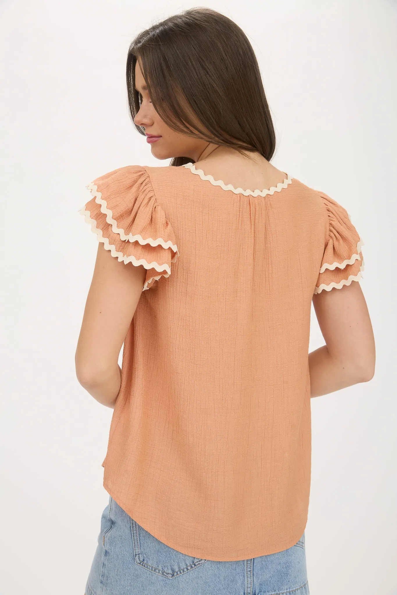 V NECK WAVY TRIM RUFFLE SLEEVE TOP sold by Blu Pepper product image thumbnail 2