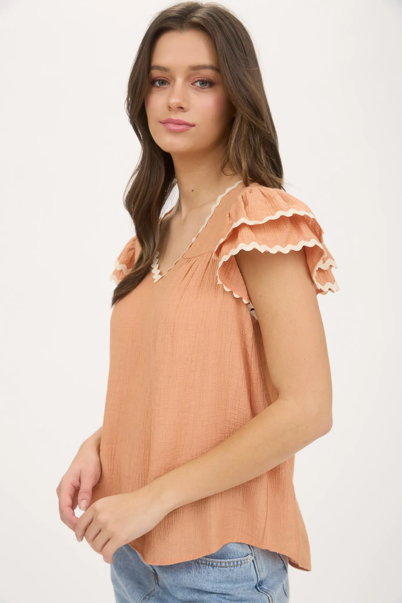 V NECK WAVY TRIM RUFFLE SLEEVE TOP sold by Blu Pepper product image thumbnail 3