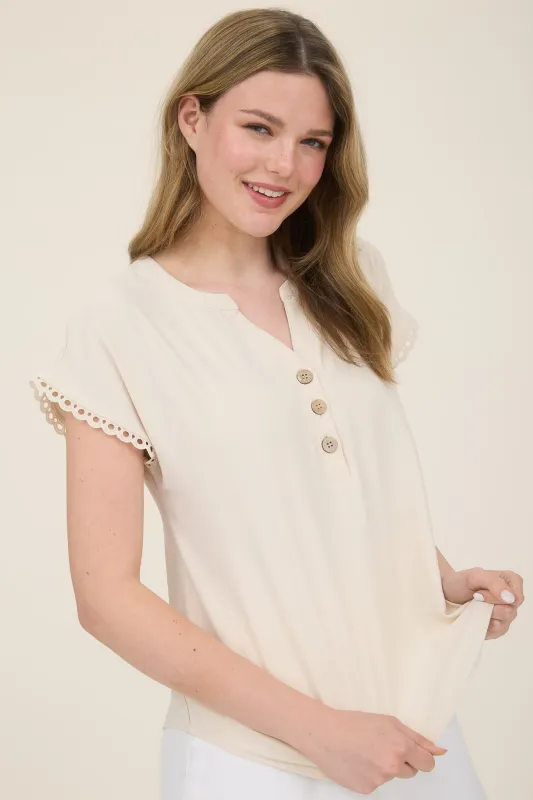 SCALLOP LACE TRIM SHORT SLEEVE HENLEY TOP sold by Blu Pepper