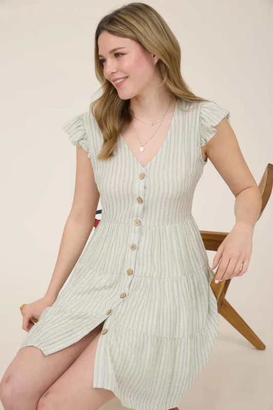 STRIPE V NECK BUTTON DOWN TIERED MINI DRESS sold by Blu Pepper