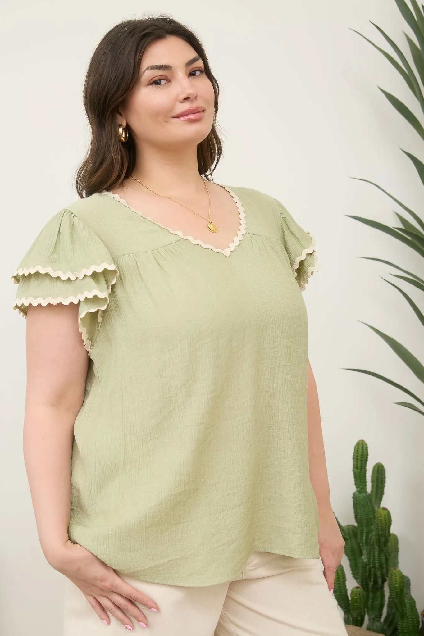 PLUS V NECK WAVY TRIM RUFFLE SLEEVE TOP sold by Blu Pepper product image thumbnail 3