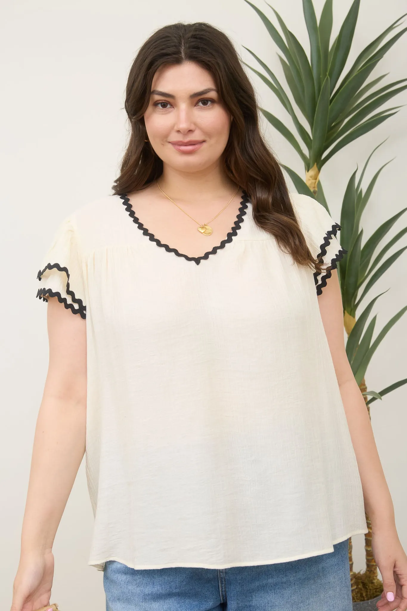 PLUS V NECK WAVY TRIM RUFFLE SLEEVE TOP sold by Blu Pepper product image thumbnail 5