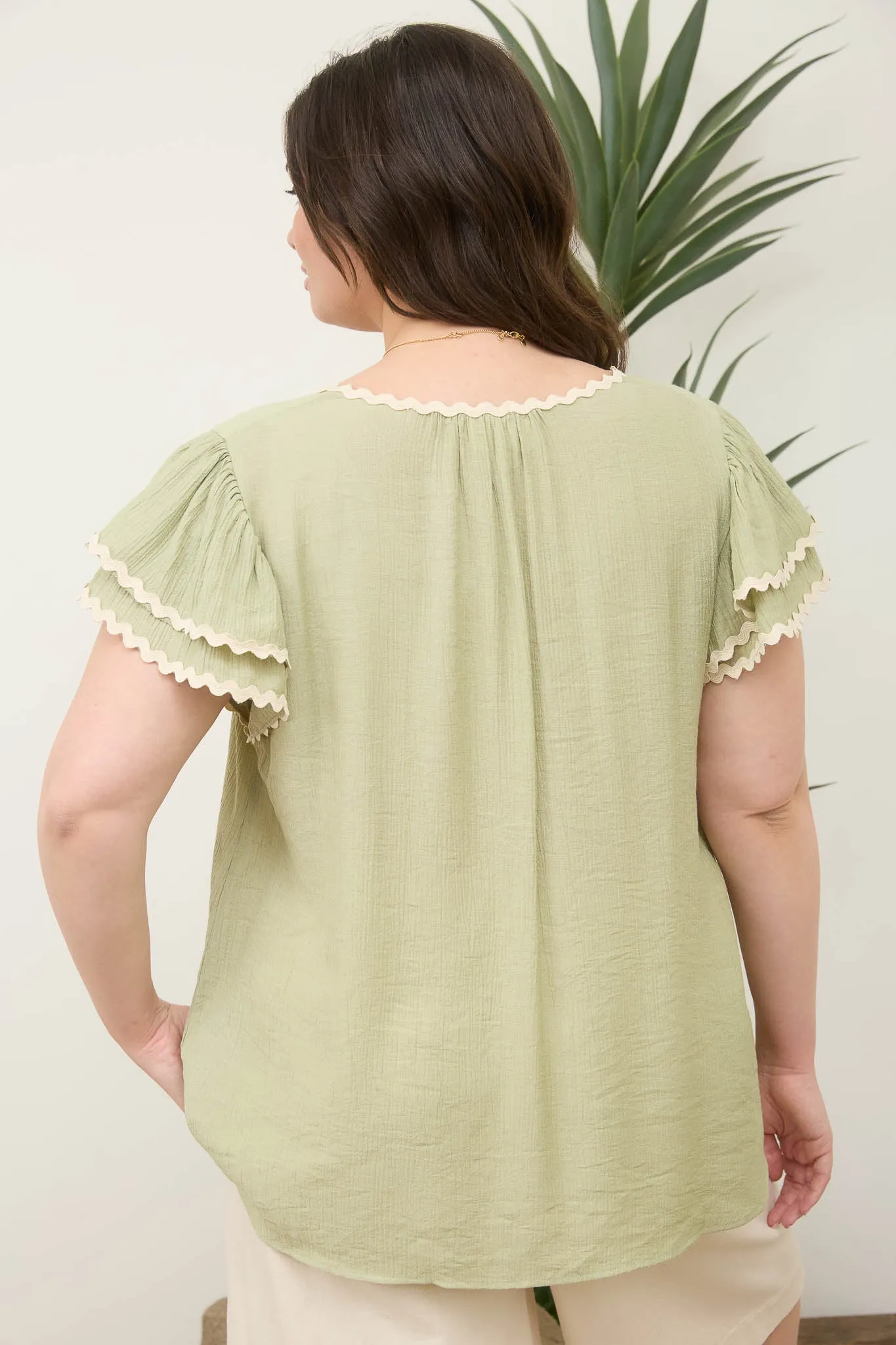 PLUS V NECK WAVY TRIM RUFFLE SLEEVE TOP sold by Blu Pepper product image thumbnail 2