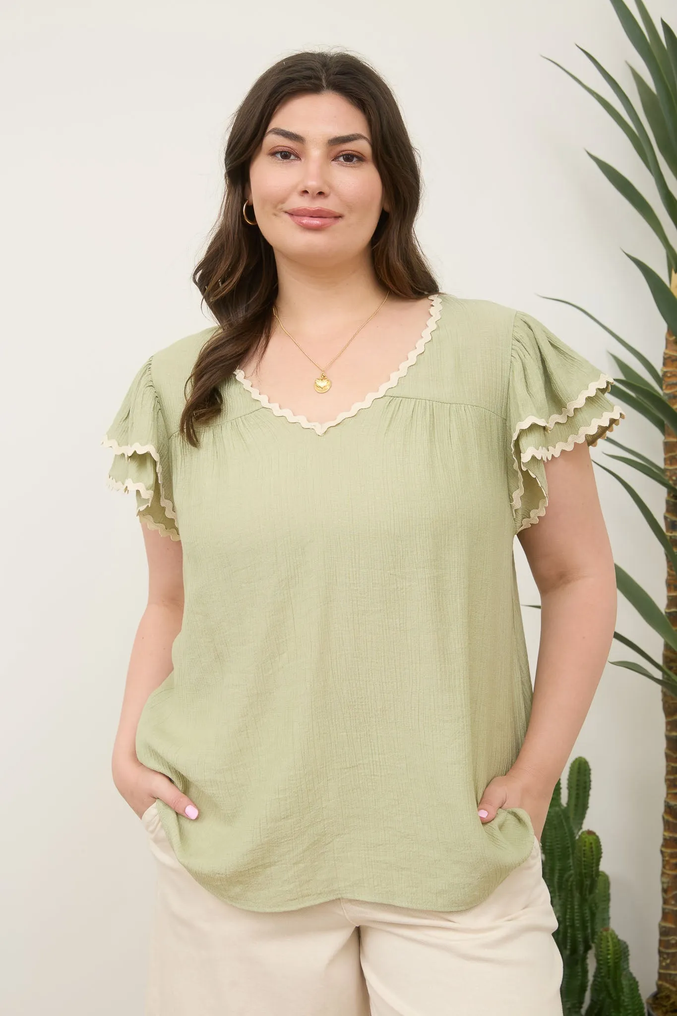 PLUS V NECK WAVY TRIM RUFFLE SLEEVE TOP sold by Blu Pepper