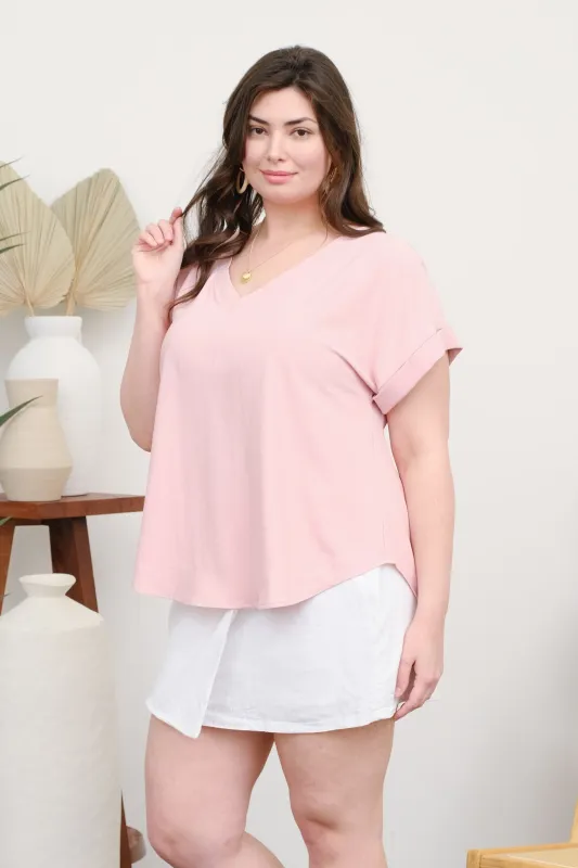 PLUS V NECK CUFF SLEEVES BACK PINTUCK DETAIL TOP sold by Blu Pepper