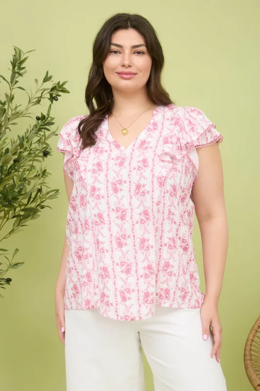 PLUS STRIPE FLORAL SPLIT NECK RUFFLE SLEEVE TOP sold by Blu Pepper