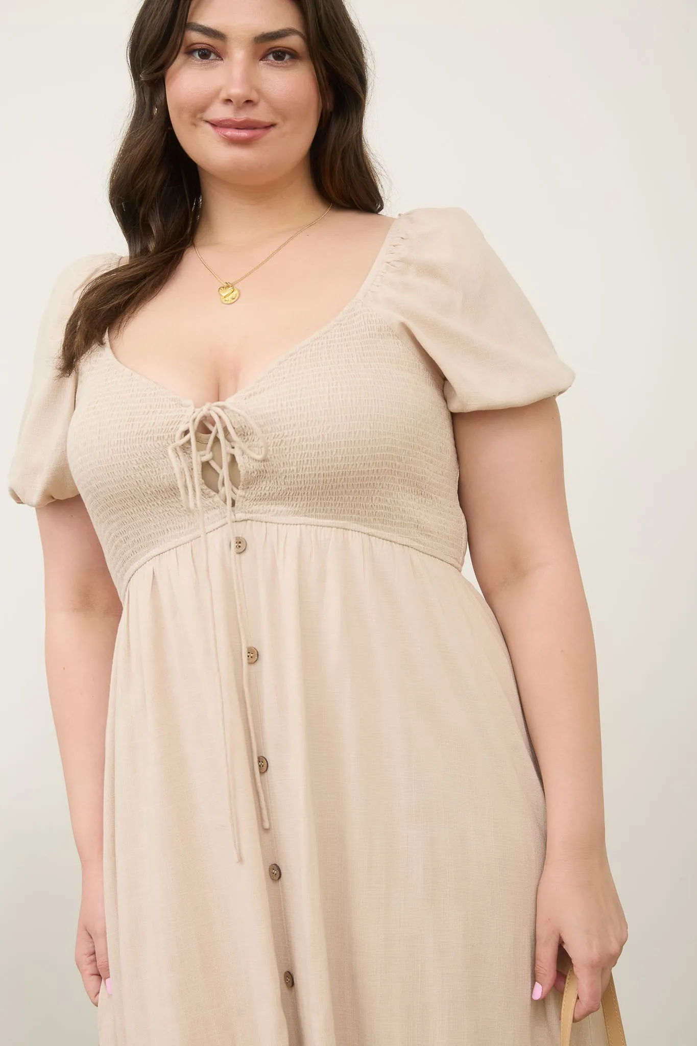 PLUS SMOCKED FRONT TIE BUTTON DOWN MIDI SUNDRESS sold by Blu Pepper