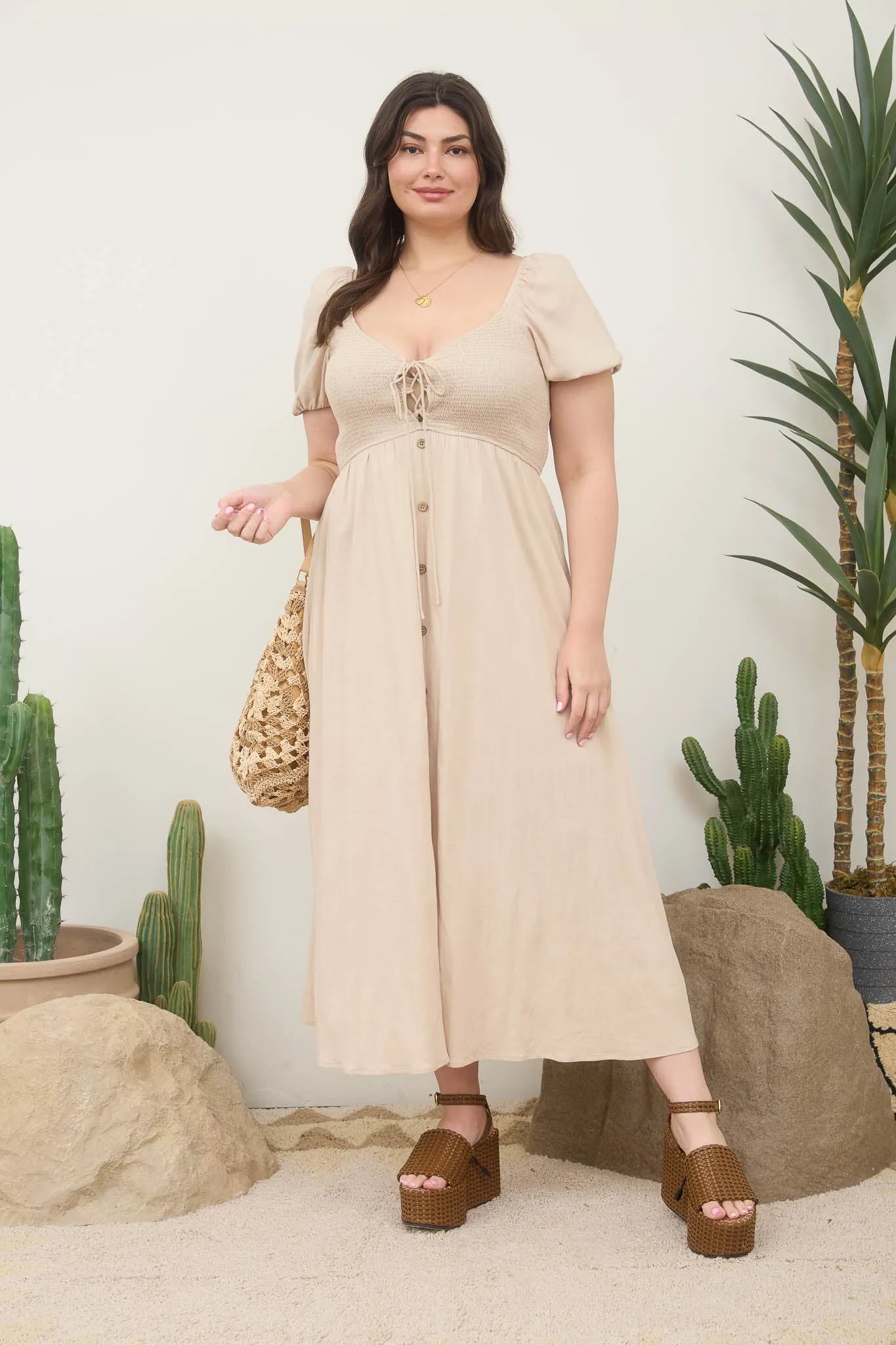 PLUS SMOCKED FRONT TIE BUTTON DOWN MIDI SUNDRESS sold by Blu Pepper product image thumbnail 4