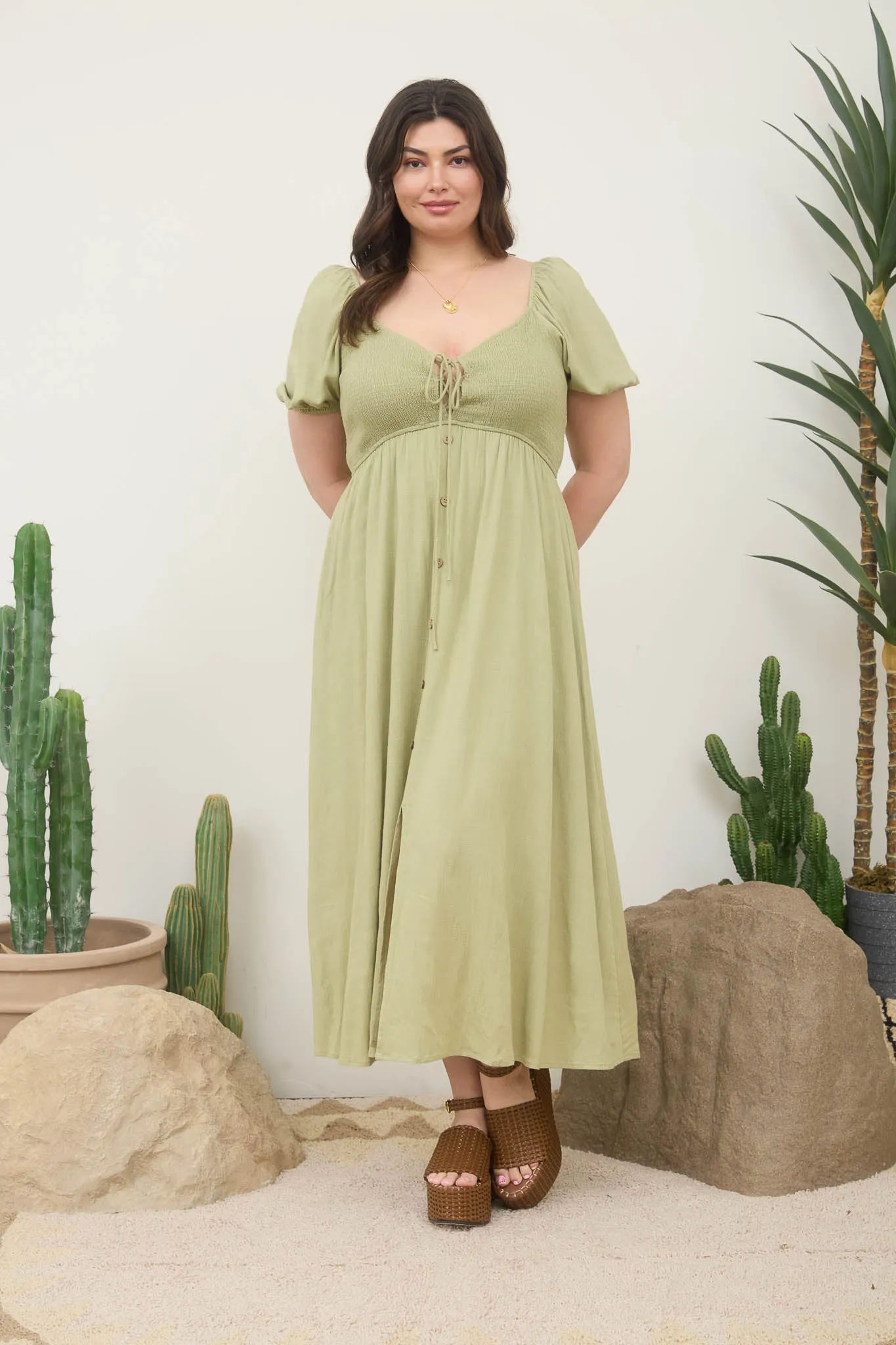 PLUS SMOCKED FRONT TIE BUTTON DOWN MIDI SUNDRESS sold by Blu Pepper product image thumbnail 5