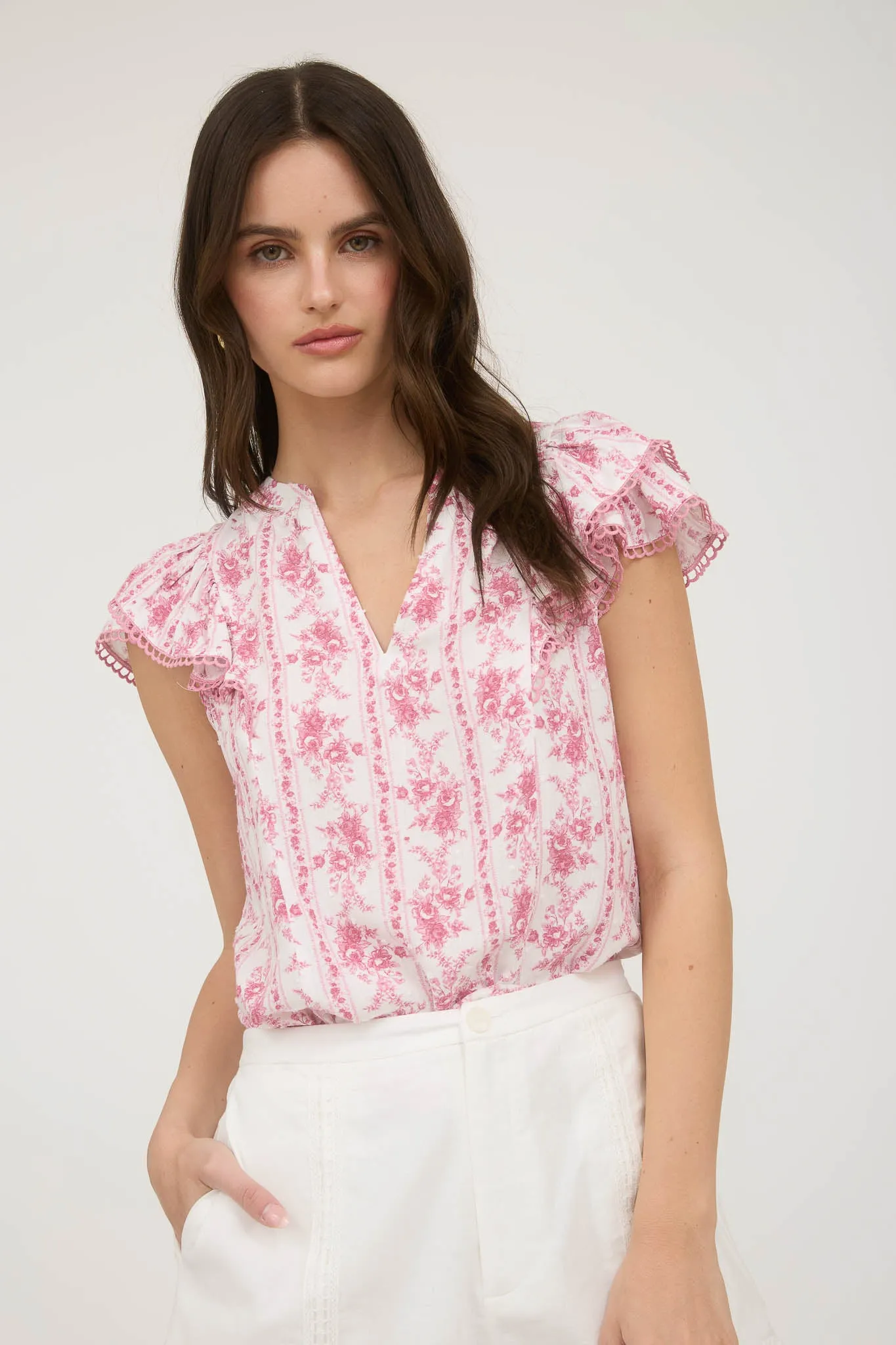 STRIPE FLORAL SPLIT NECK RUFFLE SLEEVE TOP sold by Blu Pepper product image thumbnail 5