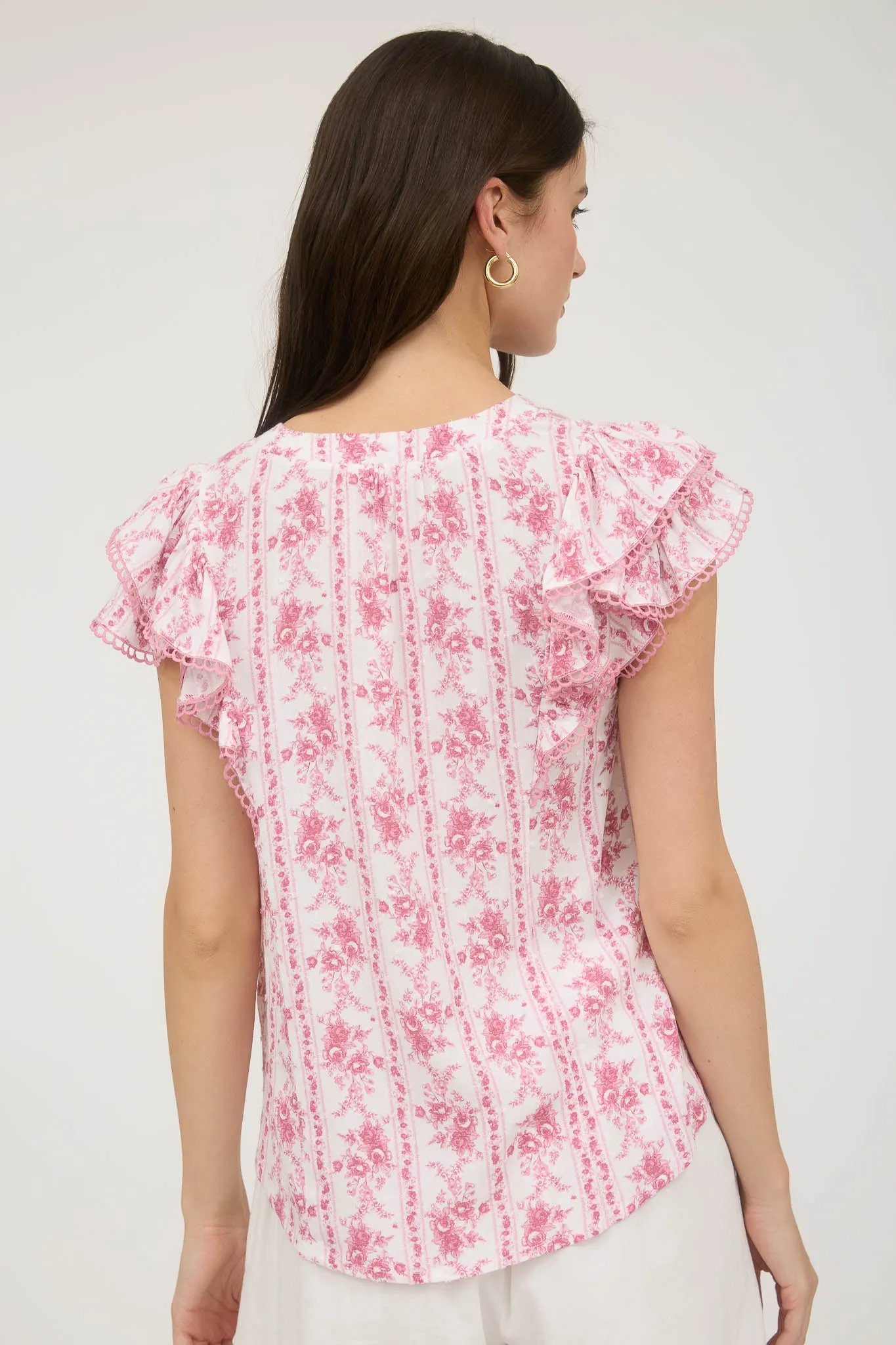 STRIPE FLORAL SPLIT NECK RUFFLE SLEEVE TOP sold by Blu Pepper product image thumbnail 2