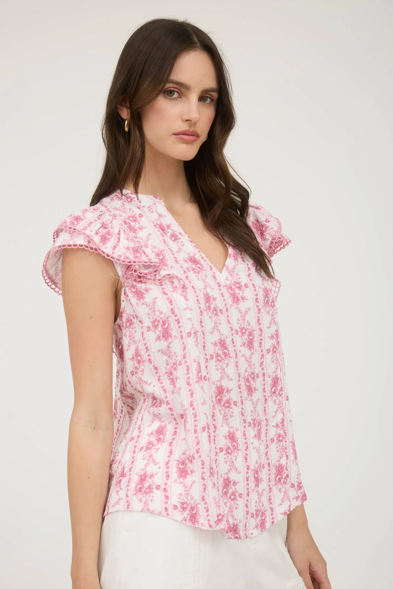 STRIPE FLORAL SPLIT NECK RUFFLE SLEEVE TOP sold by Blu Pepper product image thumbnail 3