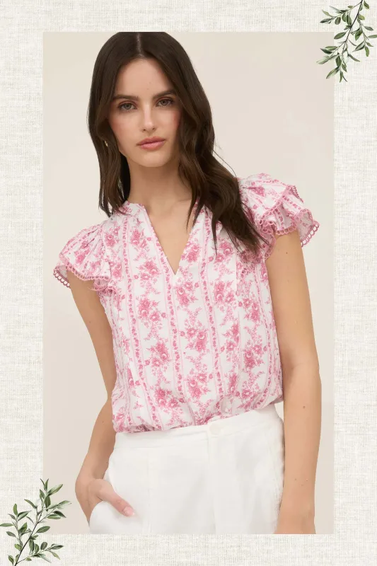 STRIPE FLORAL SPLIT NECK RUFFLE SLEEVE TOP sold by Blu Pepper