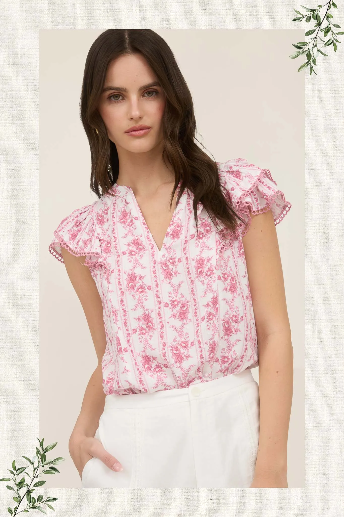 STRIPE FLORAL SPLIT NECK RUFFLE SLEEVE TOP sold by Blu Pepper
