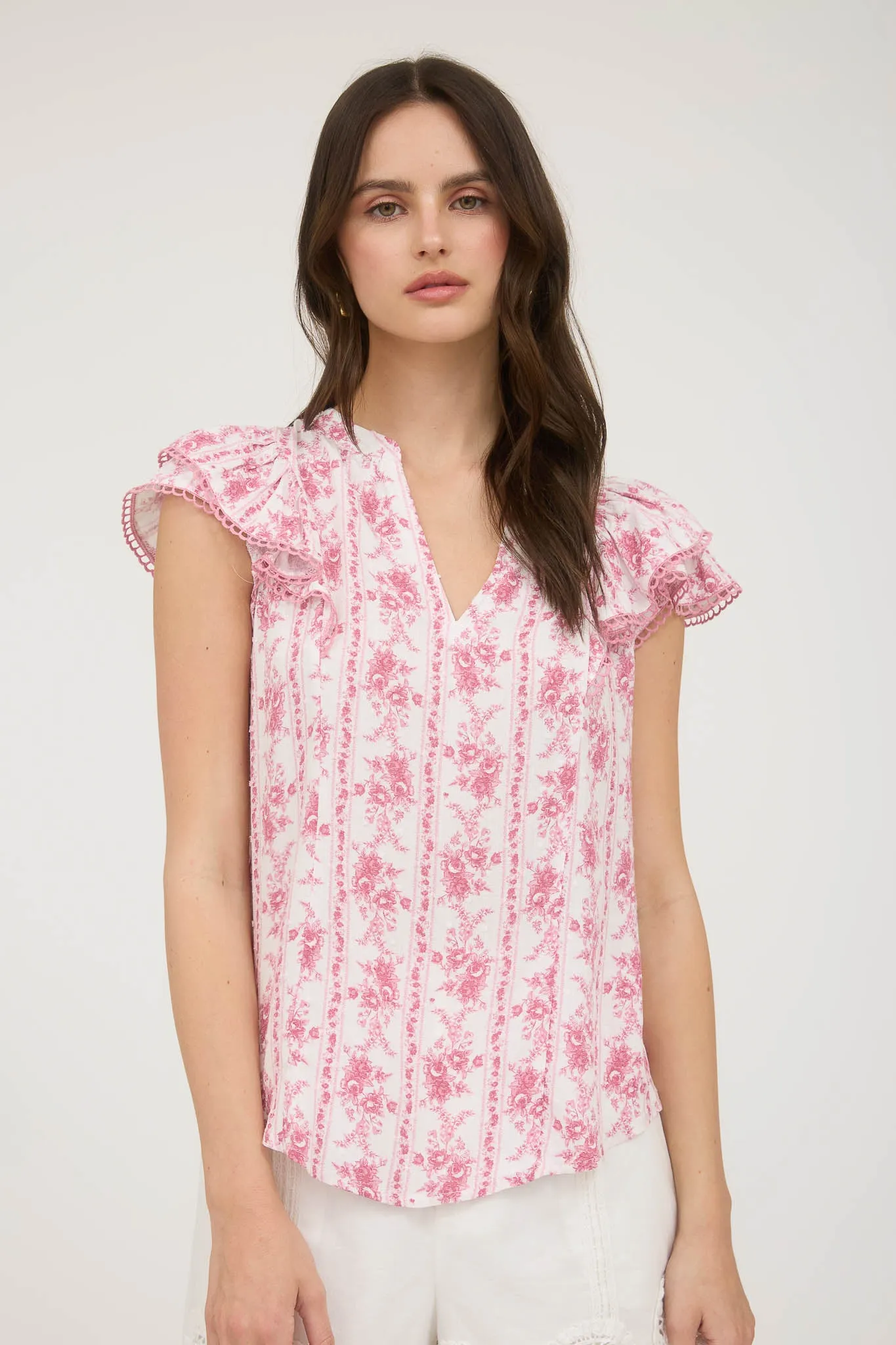 STRIPE FLORAL SPLIT NECK RUFFLE SLEEVE TOP sold by Blu Pepper product image thumbnail 4