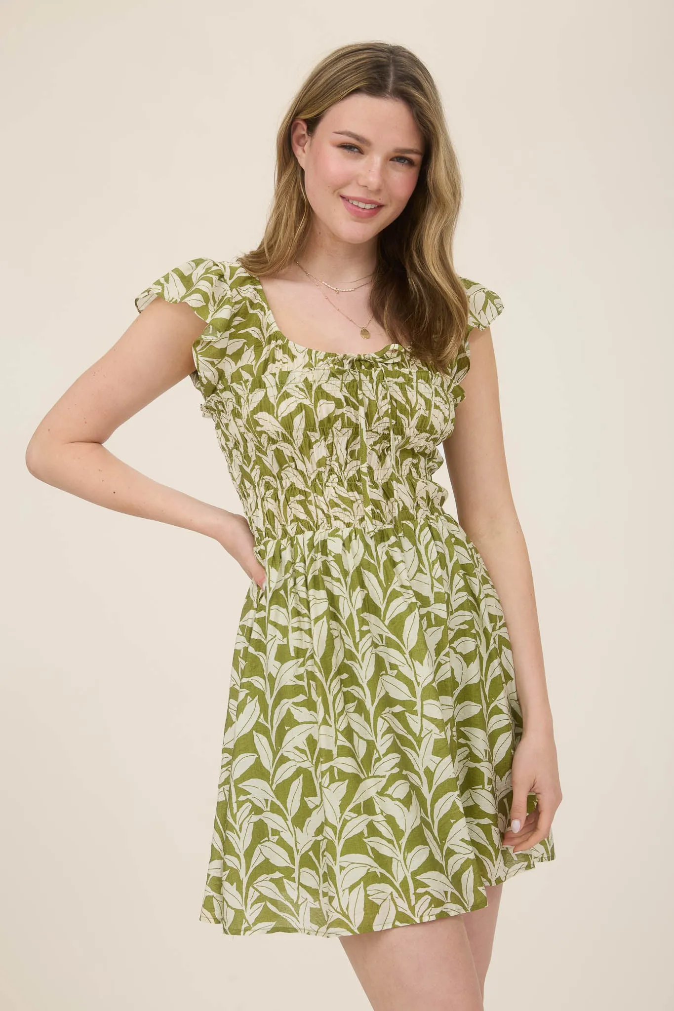 LEAF PRINT FRONT TIE SMOCKED BODICE MINI DRESS sold by Blu Pepper product image thumbnail 3