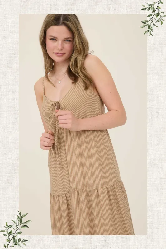 STRIPE FRONT TIE CUT-OUT TIERED MIDI SUNDRESS sold by Blu Pepper