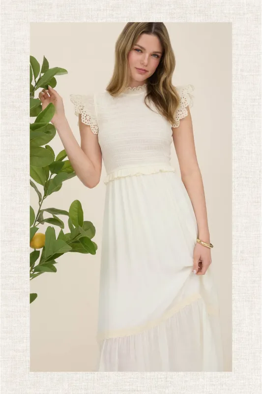 SMOCKED EYELET TRIM RUFFLE DETAIL MIDI DRESS sold by Blu Pepper