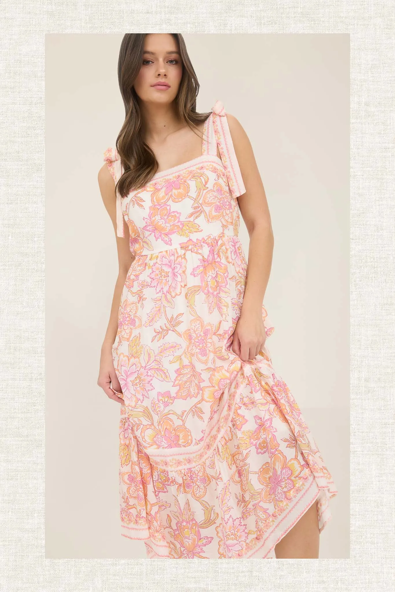 FLORAL TRIM DETAIL TIE STRAP MIDI DRESS sold by Blu Pepper