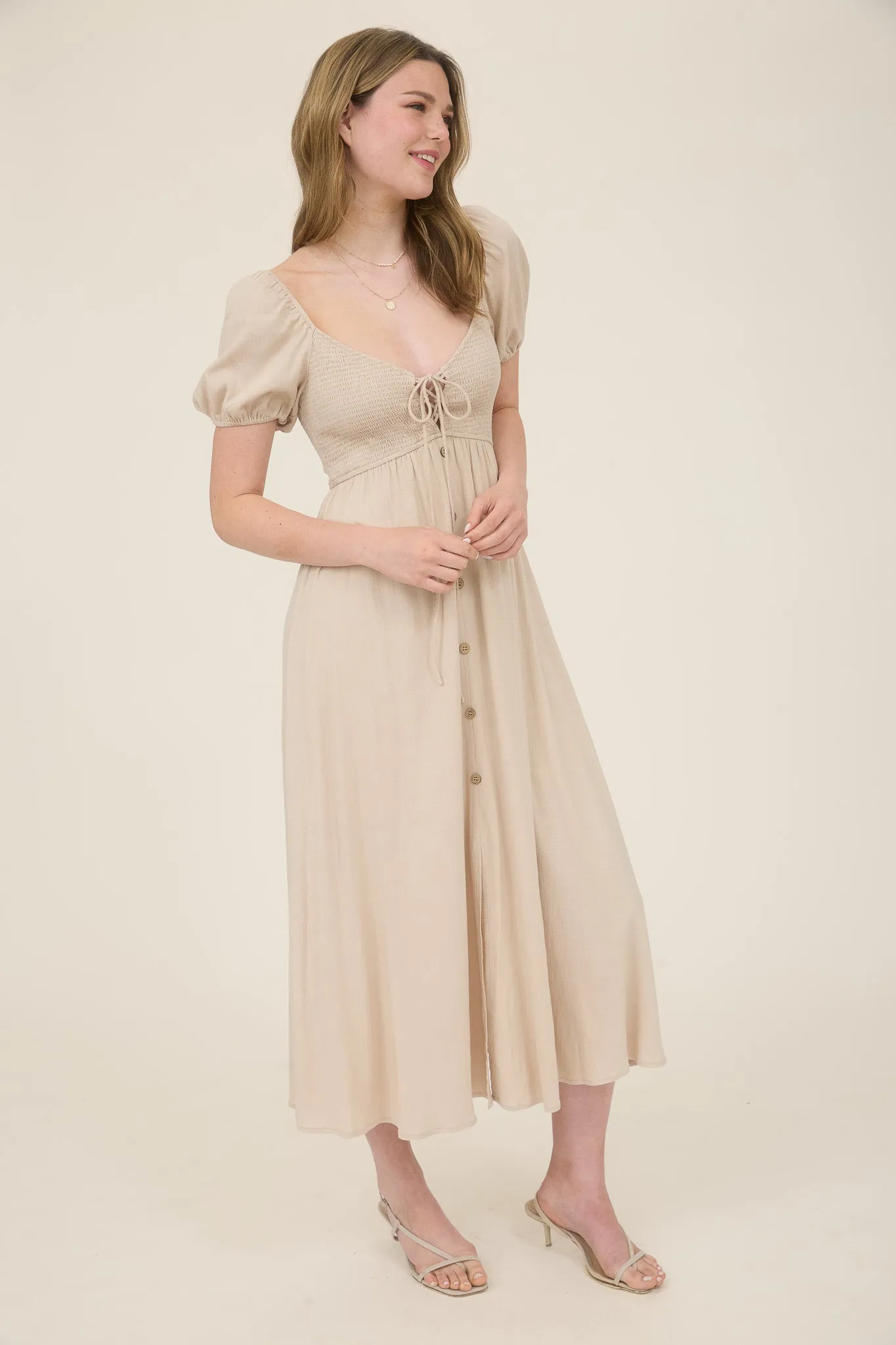 SMOCKED FRONT TIE BUTTON DOWN MIDI SUNDRESS sold by Blu Pepper product image thumbnail 3