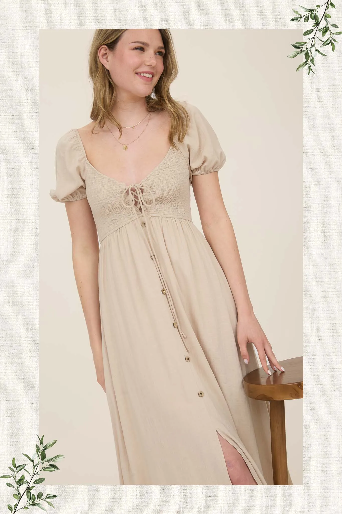SMOCKED FRONT TIE BUTTON DOWN MIDI SUNDRESS sold by Blu Pepper