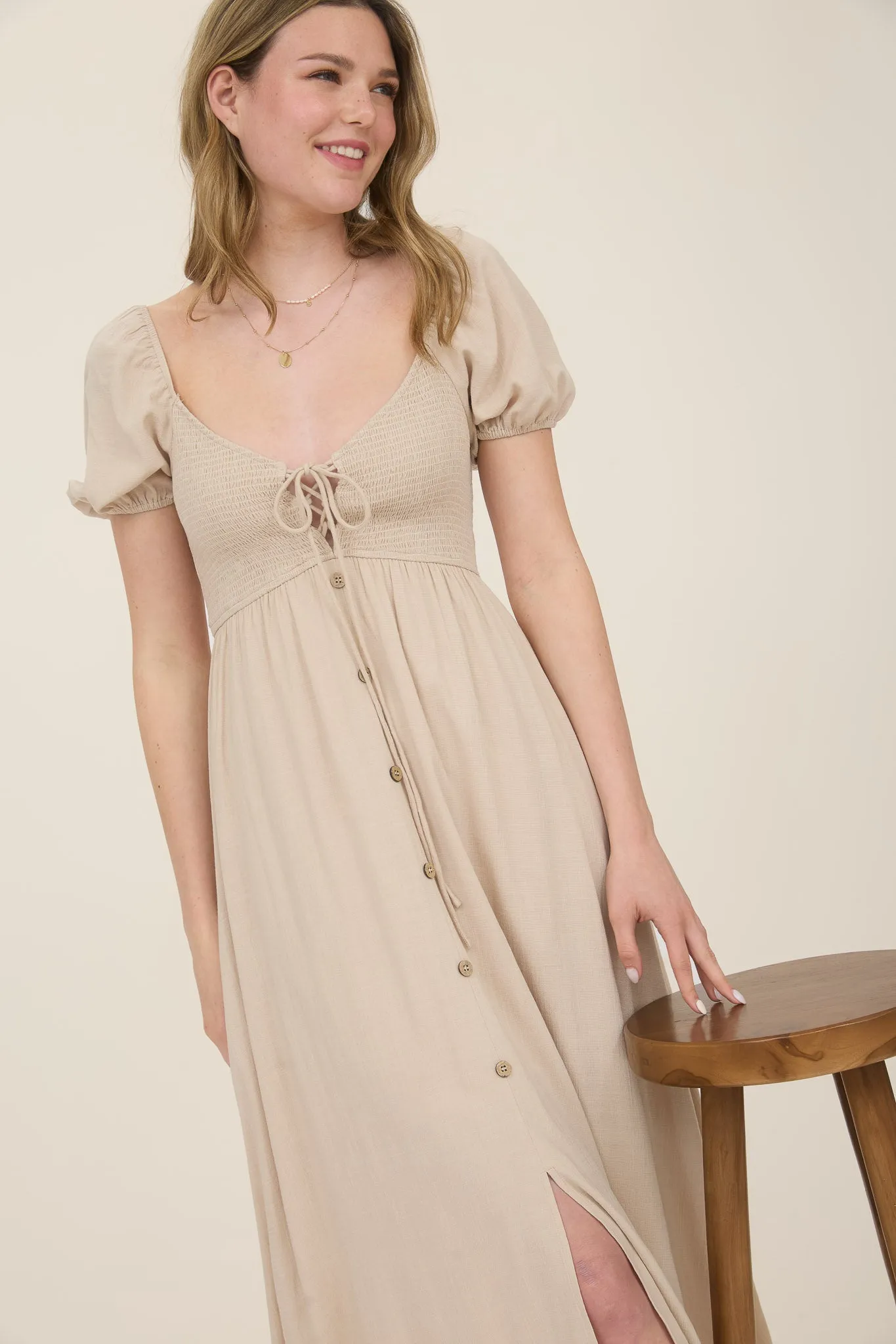 SMOCKED FRONT TIE BUTTON DOWN MIDI SUNDRESS sold by Blu Pepper product image thumbnail 4