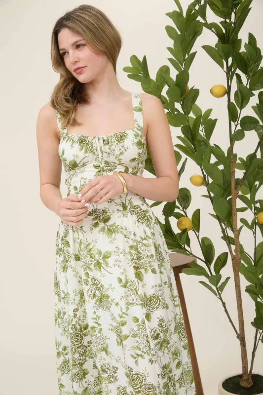 ROSE PRINT SLEEVELESS CORSET DETAIL MIDI DRESS made by mine