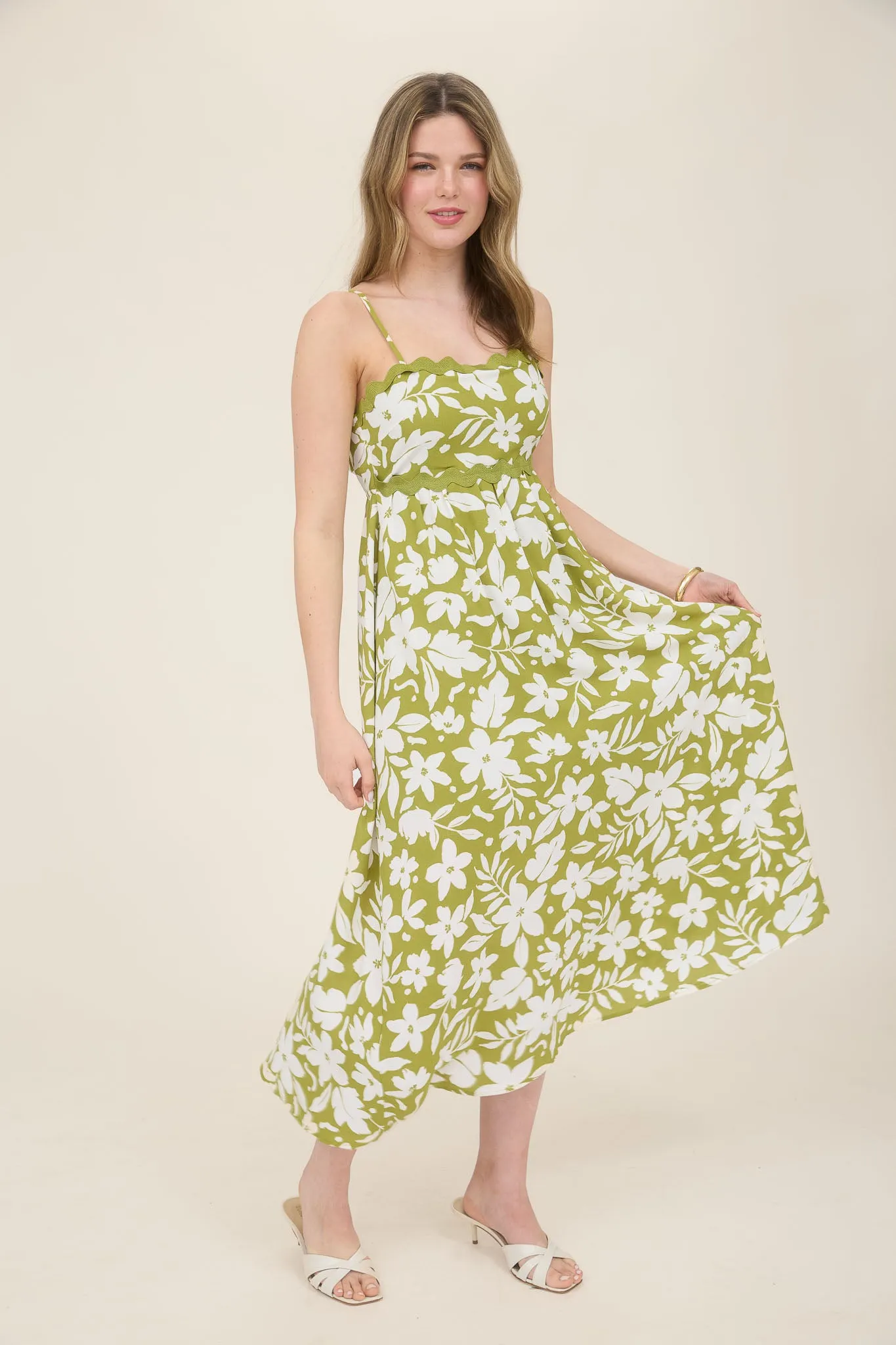 FLORAL WAVY TRIM BACK TIE MIDI DRESS sold by Blu Pepper product image thumbnail 3
