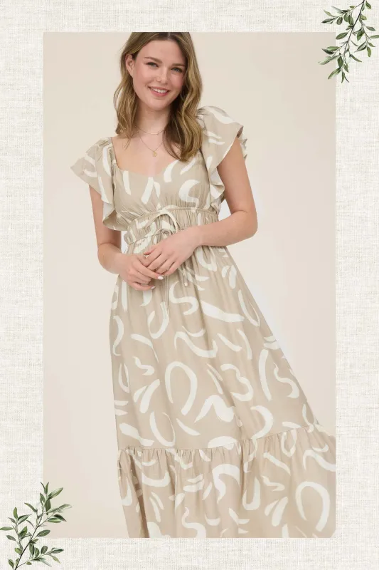 LINE PRINT FRONT TIE FLUTTER SLEEVE MIDI DRESS sold by Blu Pepper