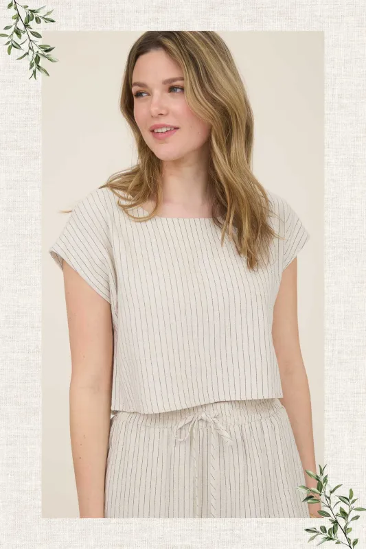 PINSTRIPE BACK BUTTON SHORT SLEEVE LINEN TOP sold by Blu Pepper
