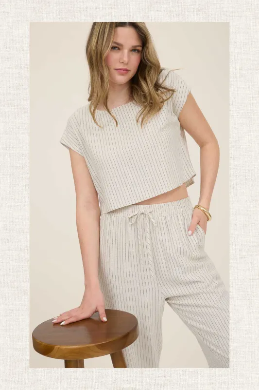 PINSTRIPE DRAWSTRING STRAIGHT LEG LINEN PANTS sold by Blu Pepper