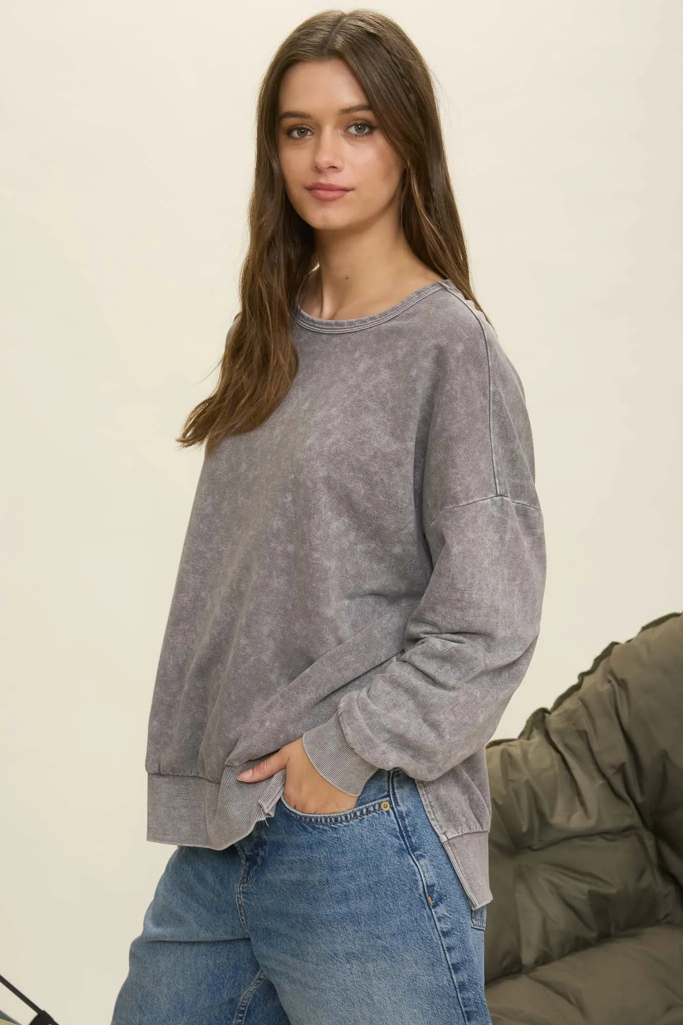 WASHED SIDE SPLIT LONG SLEEVE KNIT TOP sold by Blu Pepper product image thumbnail 3