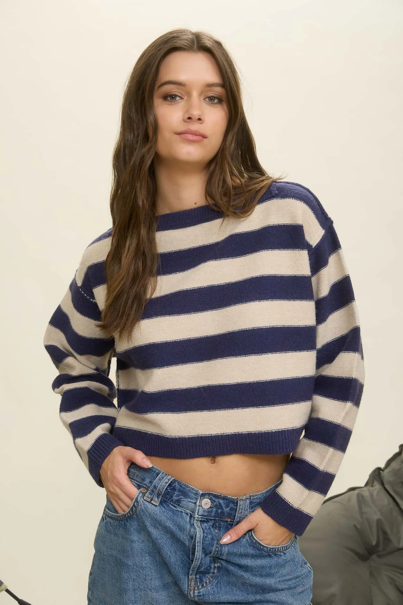 STRIPE EXPOSED SEAM LONG SLEEVE CROPPED SWEATER sold by Blu Pepper product image thumbnail 4