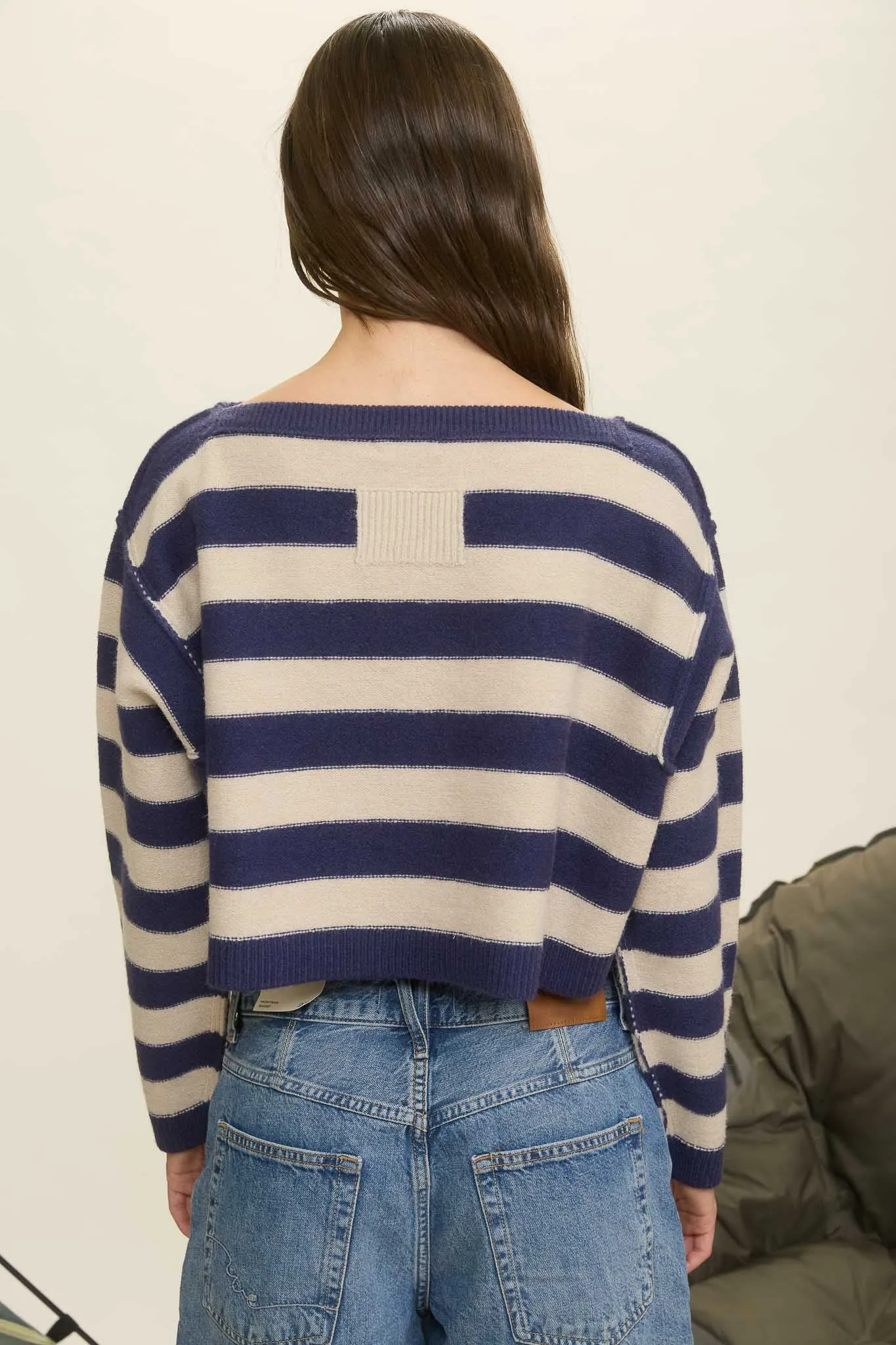 STRIPE EXPOSED SEAM LONG SLEEVE CROPPED SWEATER sold by Blu Pepper product image thumbnail 2