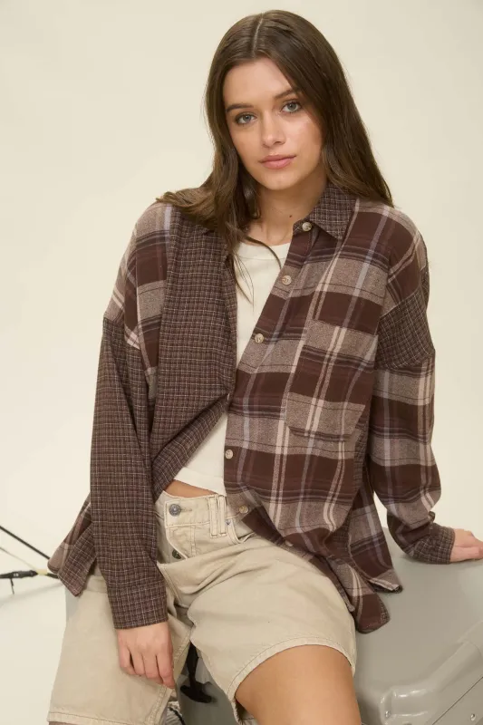 COLORBLOCK PLAID LONG SLEEVE BUTTON DOWN SHIRT sold by Blu Pepper