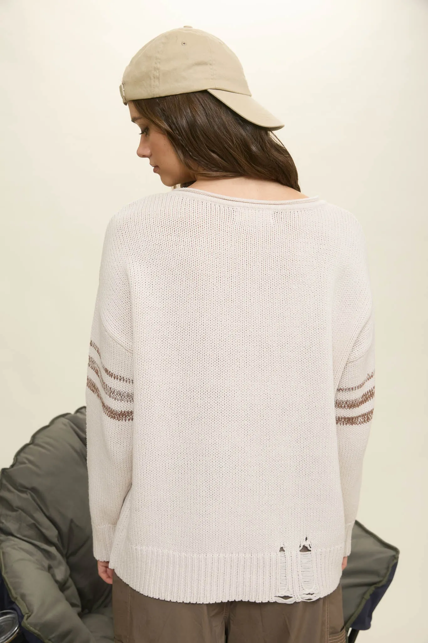 DISTRESSED LONG SLEEVE VARSITY KNIT TOP sold by Blu Pepper product image thumbnail 2