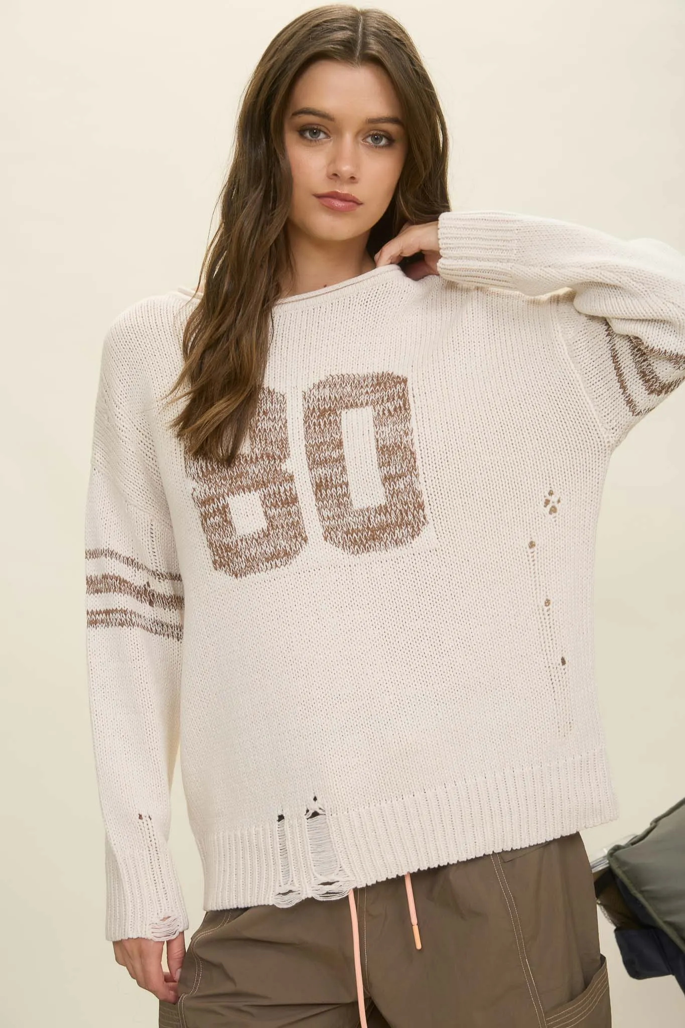 DISTRESSED LONG SLEEVE VARSITY KNIT TOP sold by Blu Pepper product image thumbnail 4