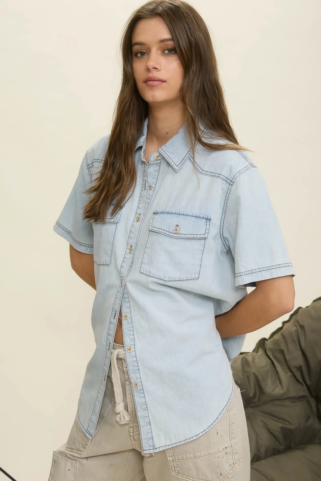 LIGHT DENIM COLLARED BUTTON DOWN SHIRT sold by Blu Pepper product image thumbnail 3