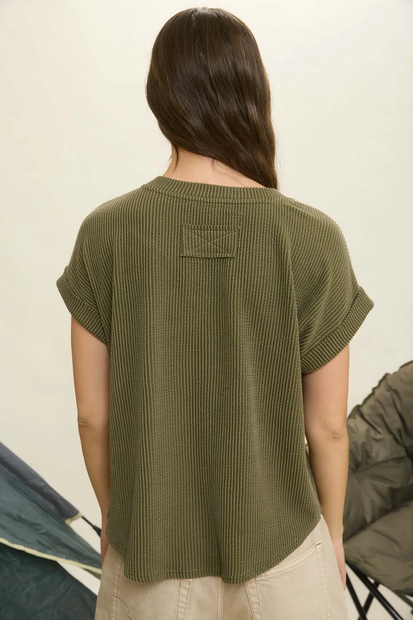 RIBBED CREW NECK SHORT CUFF SLEEVE KNIT TOP sold by Blu Pepper product image thumbnail 2