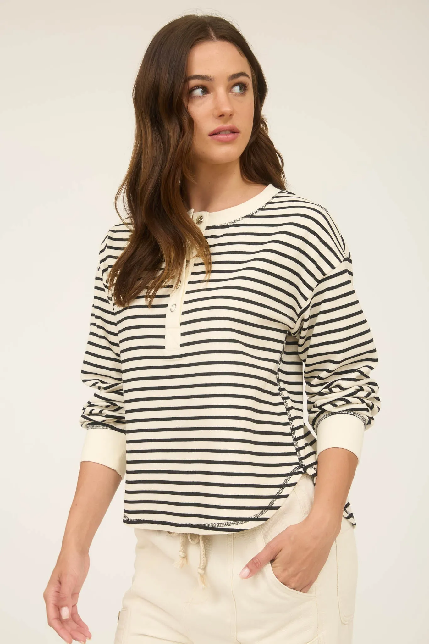 STRIPE HENLEY SNAP BUTTON LONG SLEEVE KNIT TOP sold by Blu Pepper product image thumbnail 4