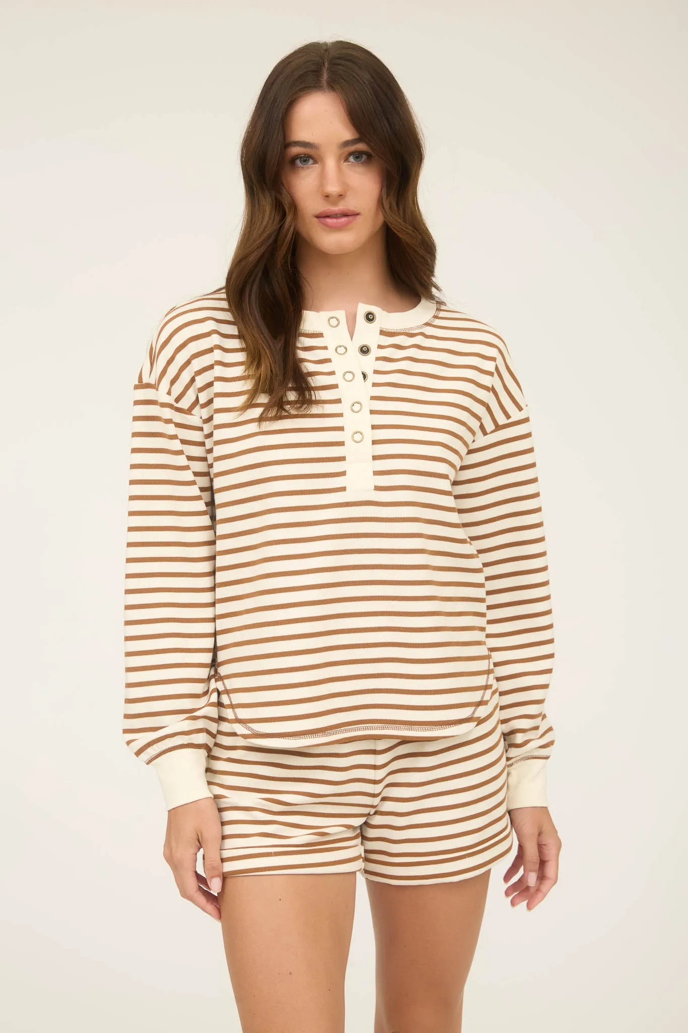 STRIPE HENLEY SNAP BUTTON LONG SLEEVE KNIT TOP sold by Blu Pepper product image thumbnail 5