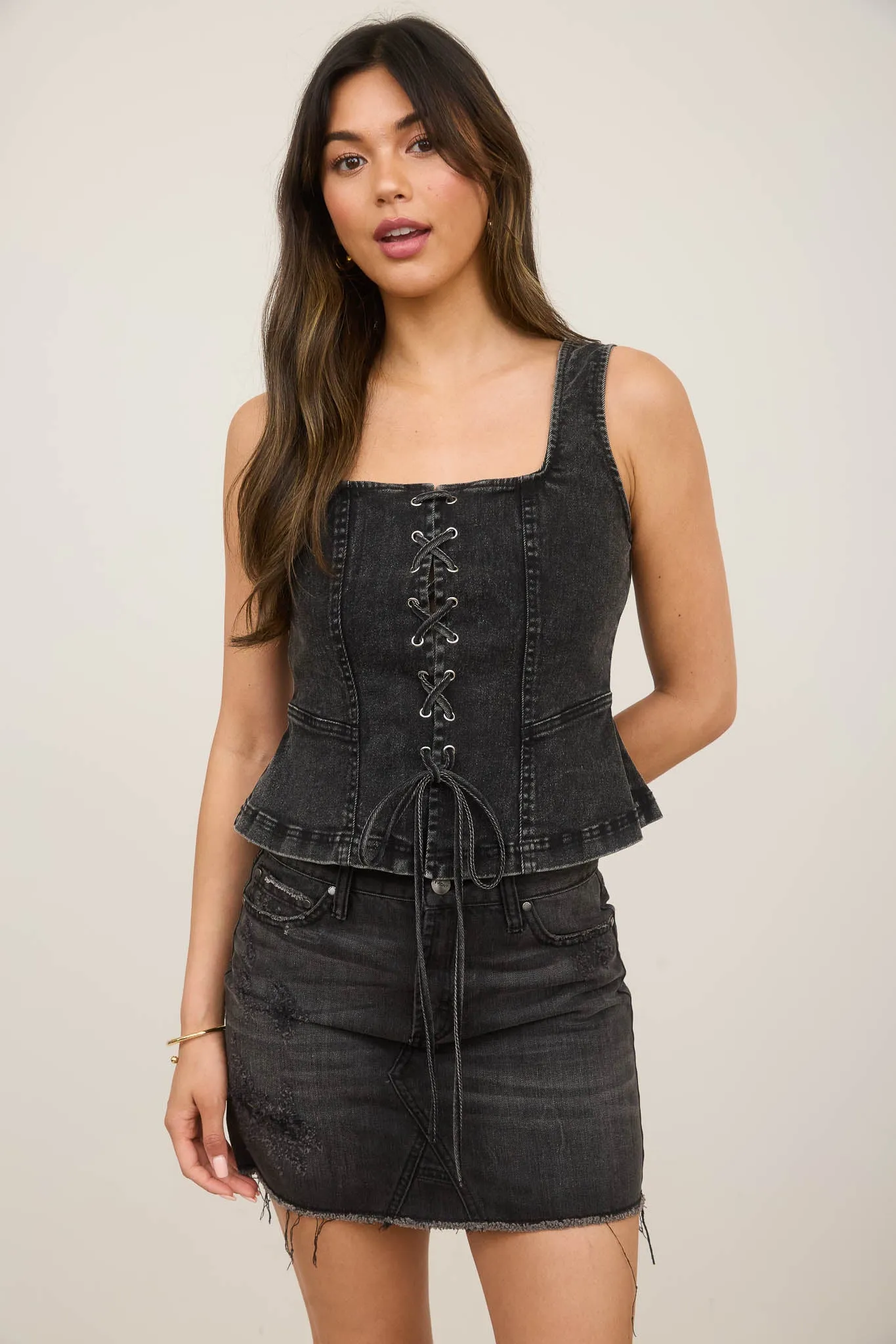 LACE UP FRONT SLEEVELESS DENIM TOP sold by Blu Pepper product image thumbnail 4