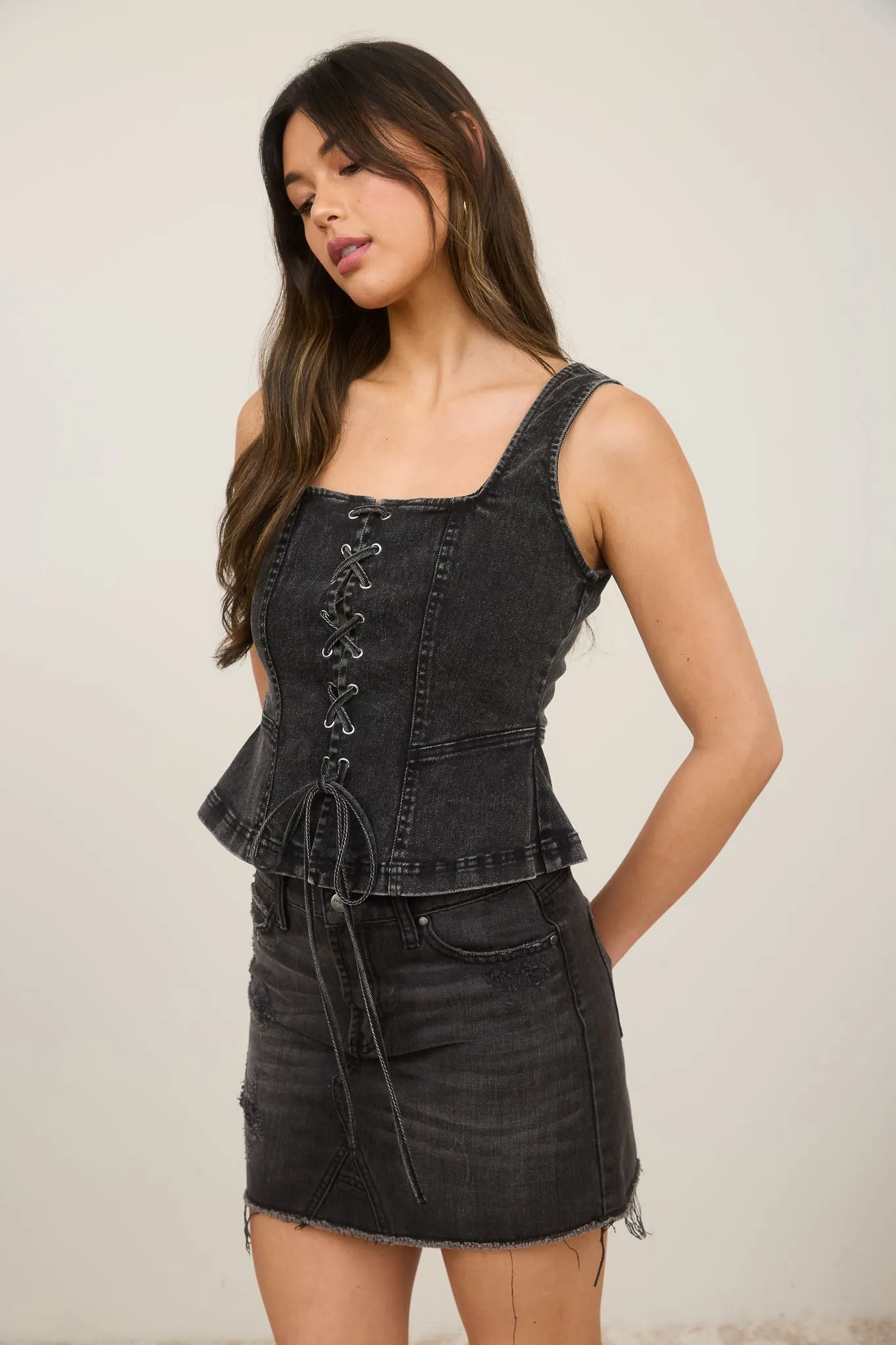 LACE UP FRONT SLEEVELESS DENIM TOP sold by Blu Pepper product image thumbnail 3
