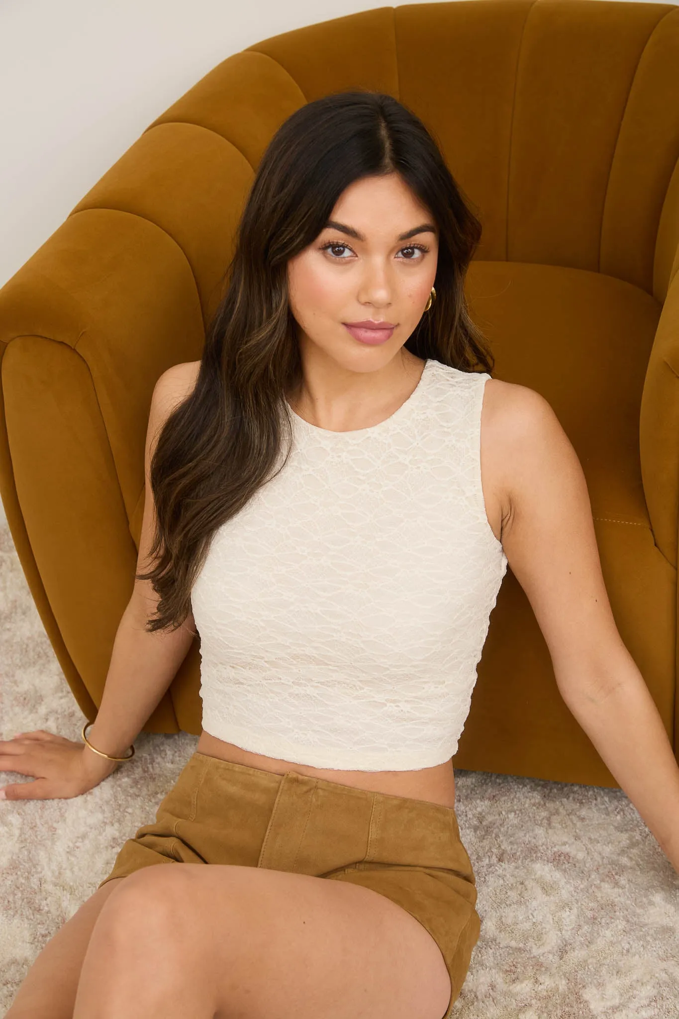 LACE SLEEVELESS CROPPED KNIT TANK TOP sold by Blu Pepper