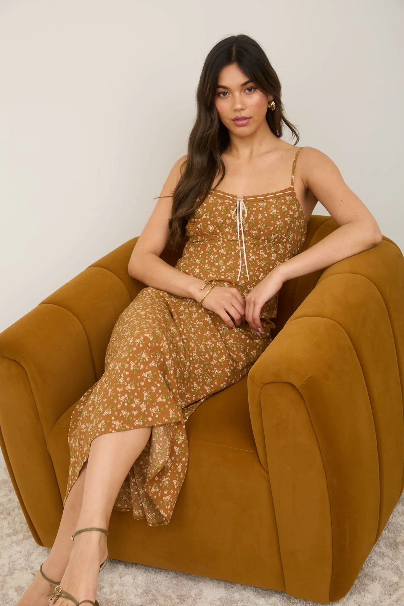 FLORAL LACE TRIM SPAGHETTI STRAP MIDI DRESS sold by Blu Pepper product image thumbnail 5